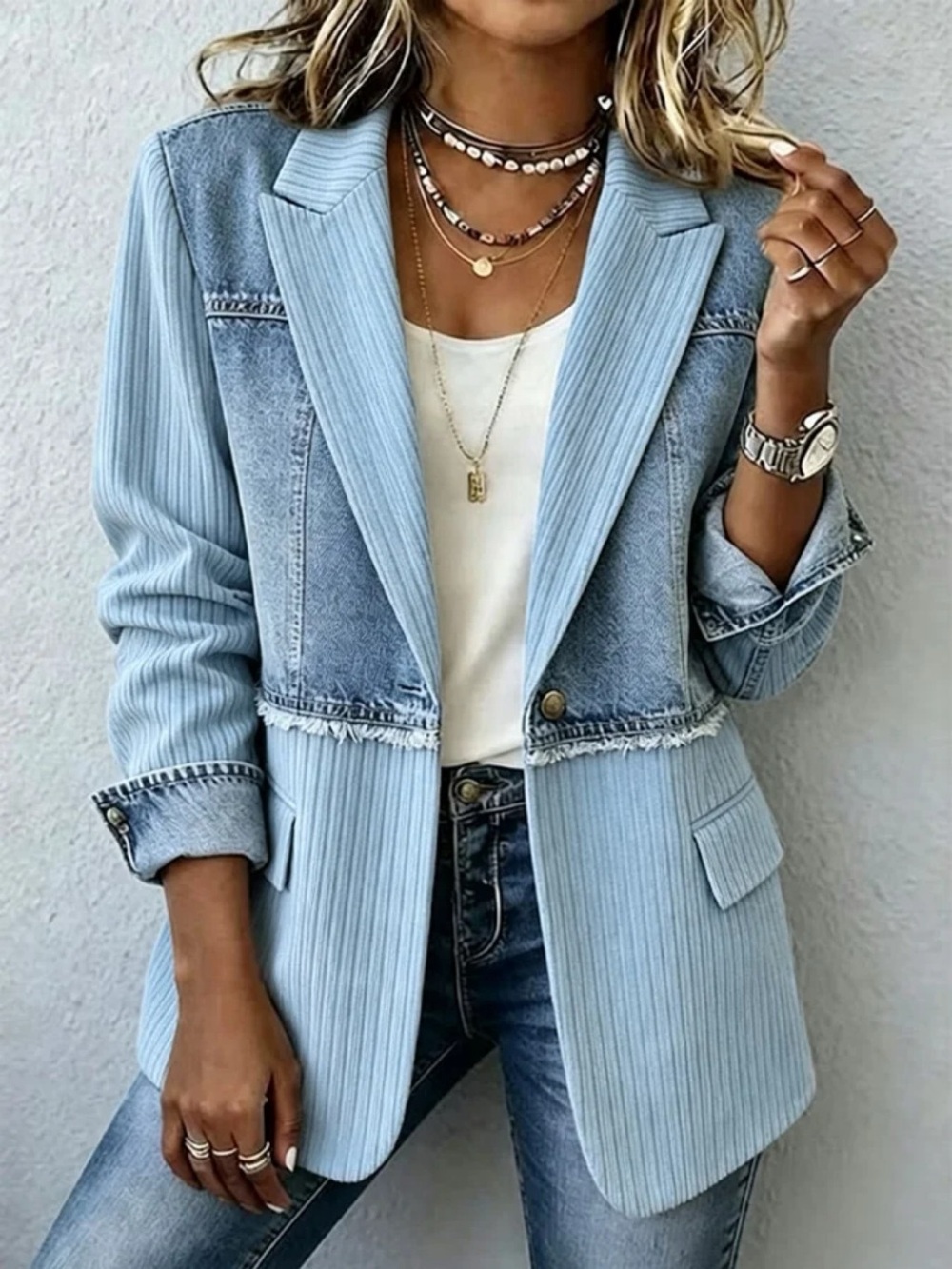 Full Size Patchwork Denim Ribbed Blazer Plus Size